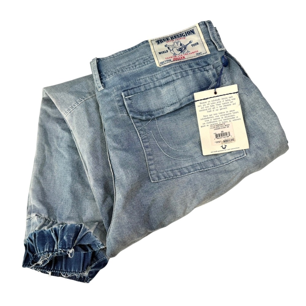 NEW True Religion 40 Blue Jogger Denim Pants Drawstring Horseshoe Y2K Streetwear